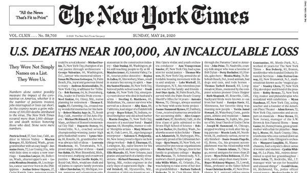NewYorkTimes 100,000 Americans Dead